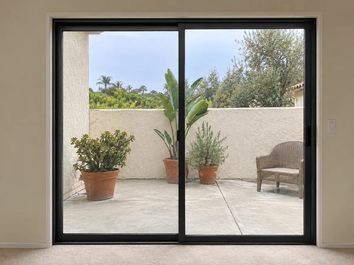 New black-framed sliding glass door with no blinds, looking onto the same patio with three potted plants and a wicker chair