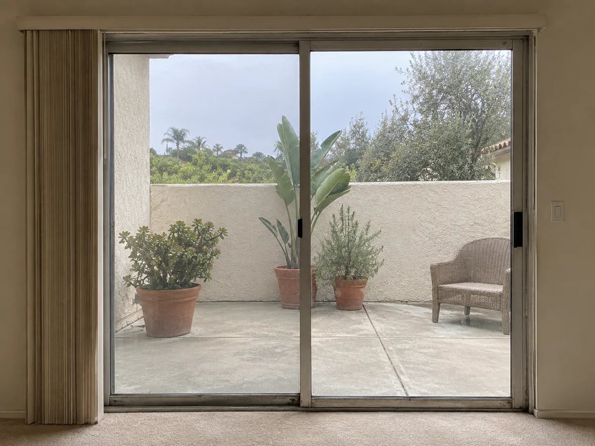 Old aluminum sliding patio door with a worn track and beige vertical blinds pushed to one side, looking onto a patio with three potted plants and a wicker chair