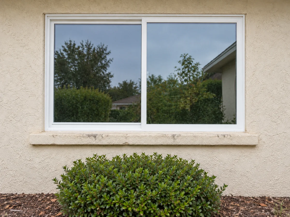 New white sliding window with a clean frame and clear glass in the same stucco wall, with the same green shrub below