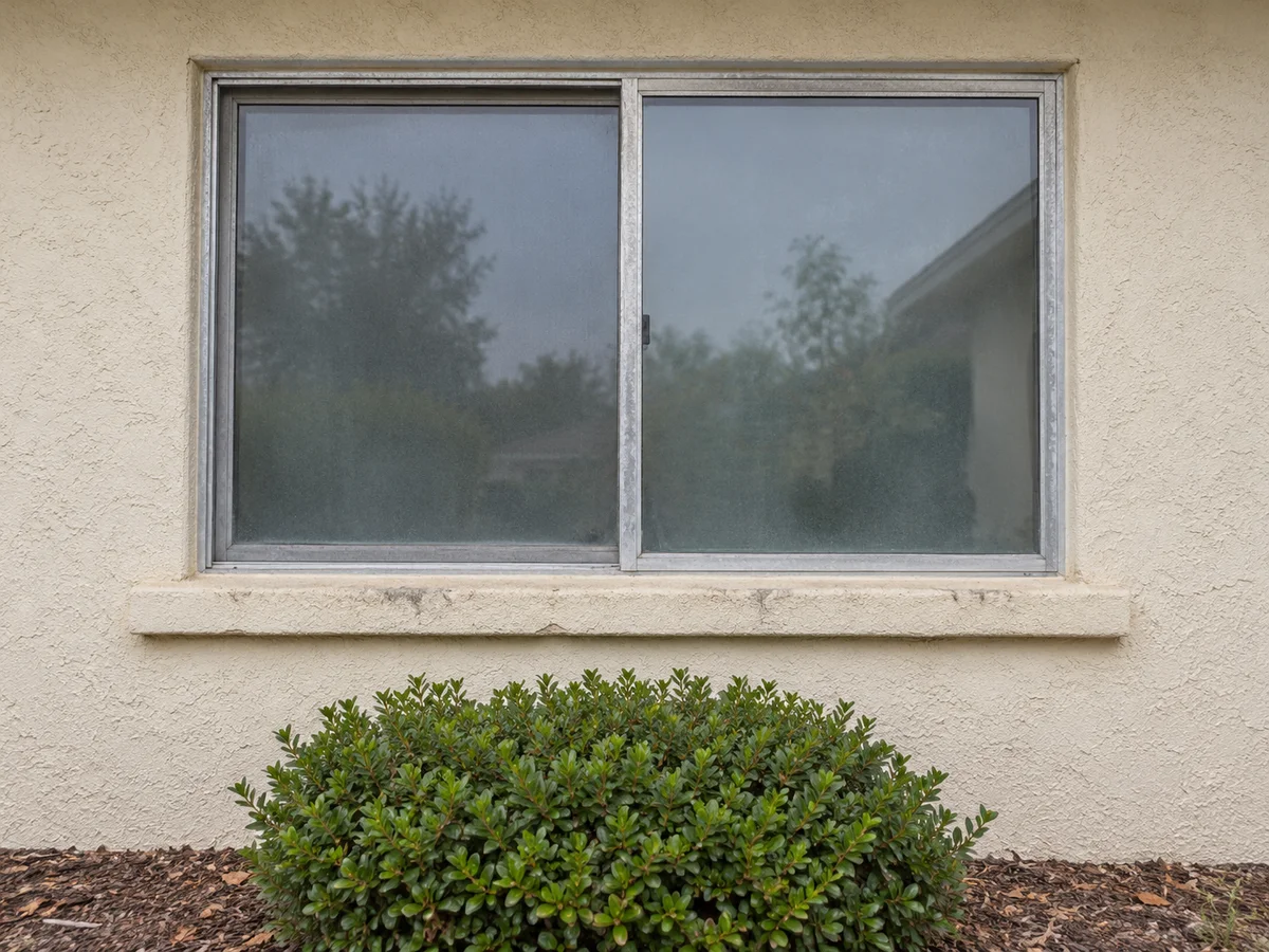 Old aluminum sliding window with a dull, oxidized grey frame and hazy glass in a cream stucco wall, with a green shrub below