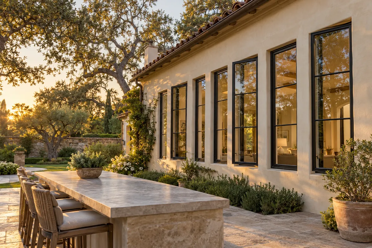 Cream stucco estate wall with a row of tall black steel-look casement windows in warm evening light and an oak tree beyond