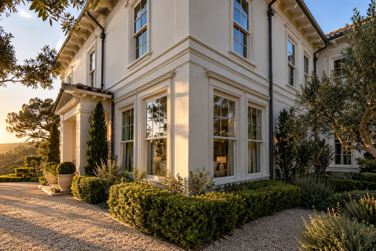 Corner of a cream two-story estate with white double-hung windows and boxwood hedges beside a gravel drive