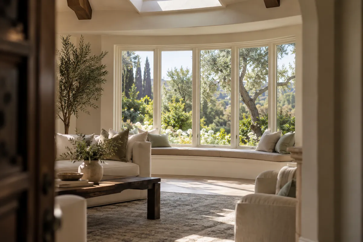 Round sitting room with a curved bow window, a built-in cushioned window seat and garden views