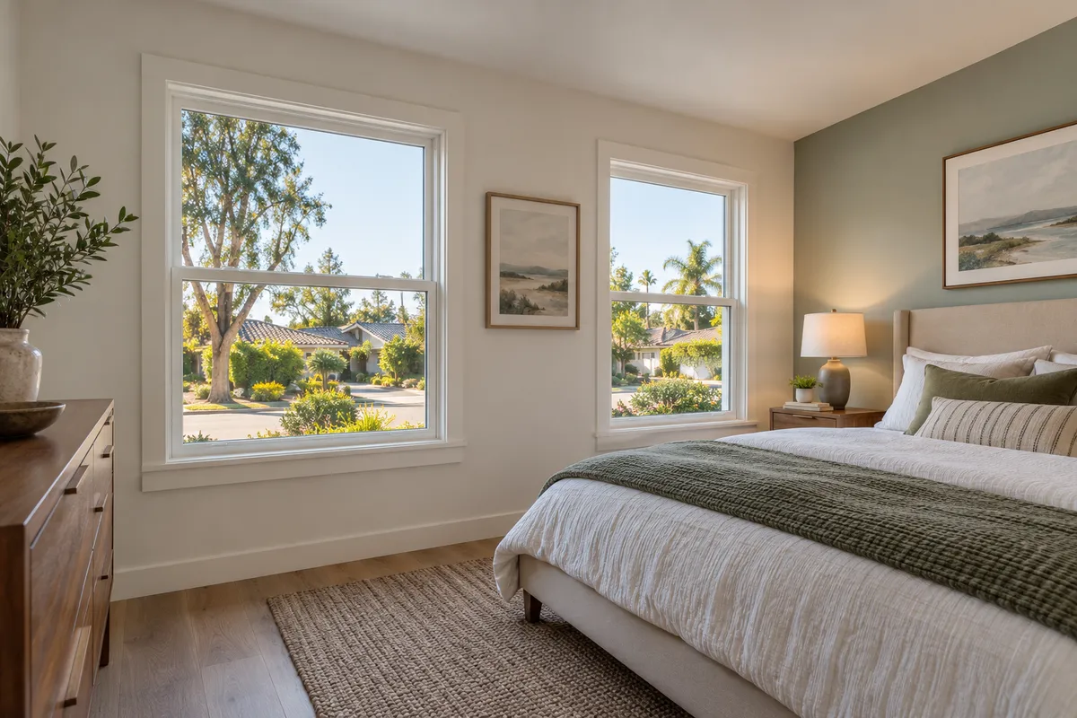 Bedroom with two white double-hung windows looking onto a quiet residential street, a made bed with green and white linens beside them