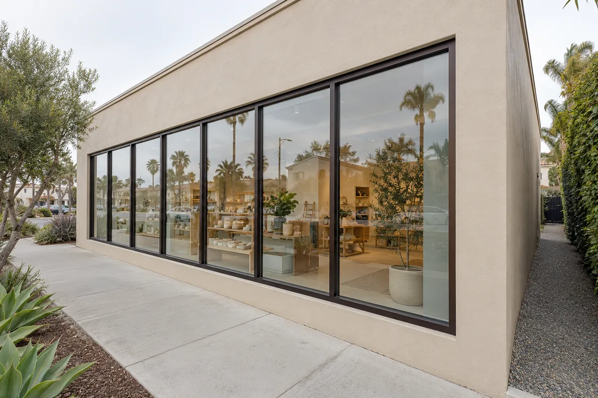 Beige stucco corner shop with a row of tall clear glass storefront panes in dark bronze aluminum frames and a shop interior visible inside