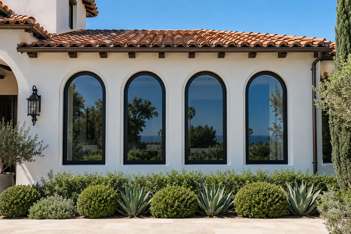 White stucco Spanish-style home with a clay tile roof and four black-framed arched windows above agave and shrubs