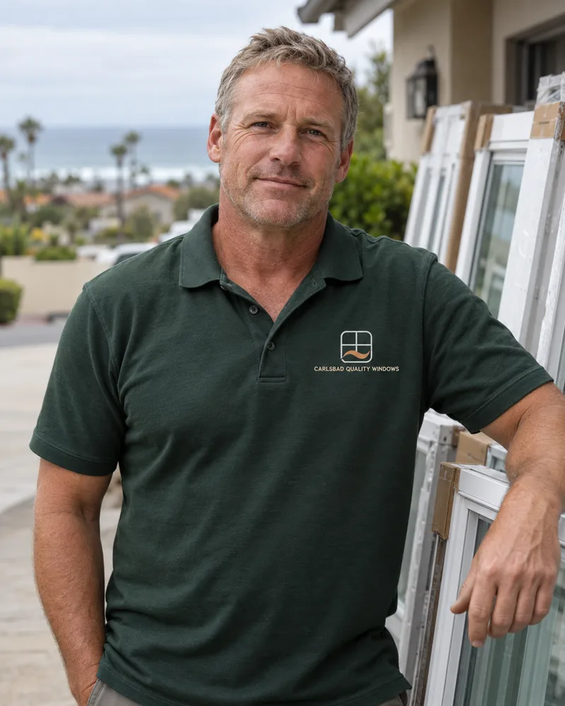 Sun-weathered man with short sandy-grey hair leaning on a stack of new white window units on a coastal Carlsbad street, in a deep green polo with a copper-wave window logo