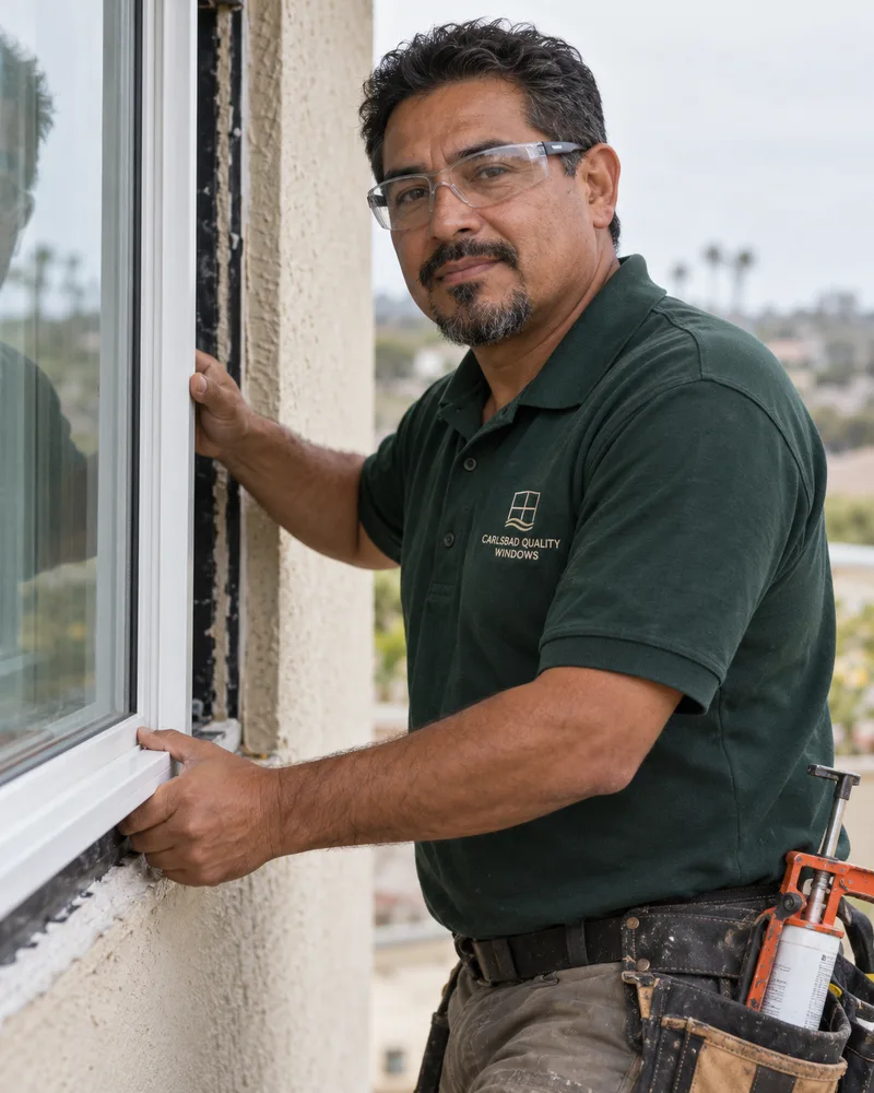 Man in safety glasses with a goatee setting a white window unit into a stucco opening, caulk gun on his tool belt, in a deep green company polo