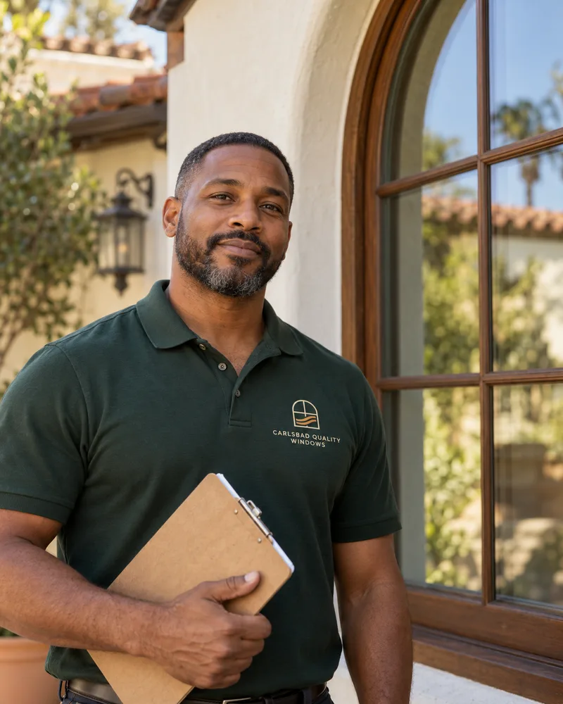 Man with a short beard holding a clipboard beside an arched clad-wood window on a Spanish-style stucco home, in a deep green company polo