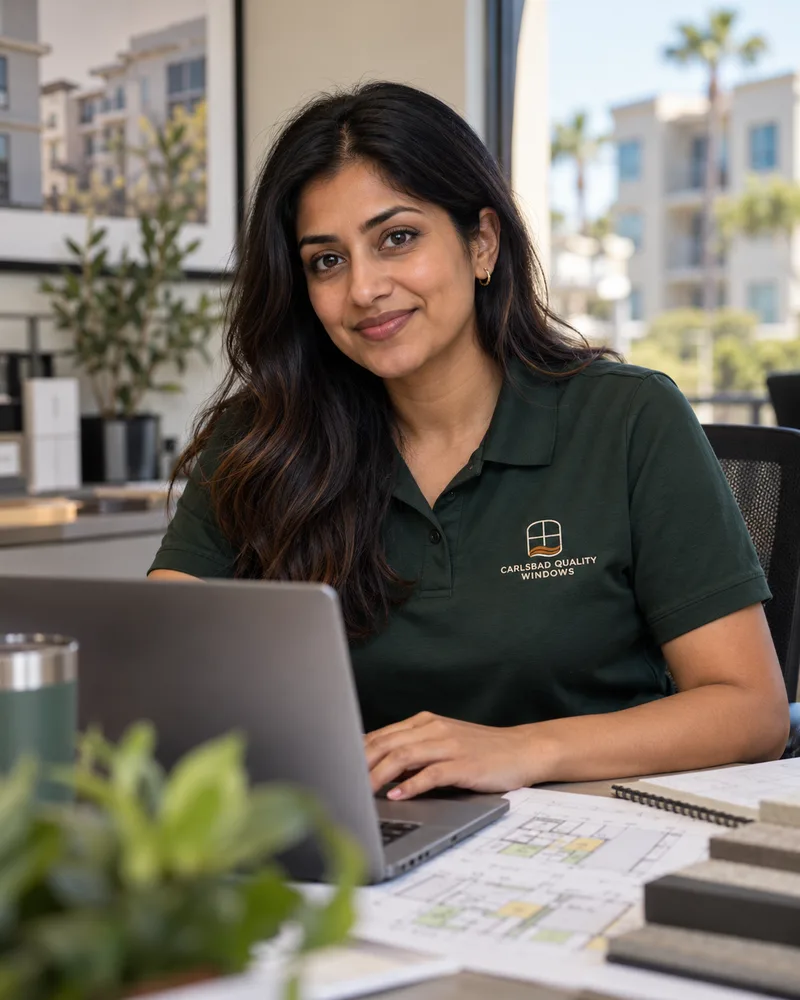 Woman with long dark hair at a laptop with building plans and material samples on a desk in an office with condo buildings outside, in a deep green company polo
