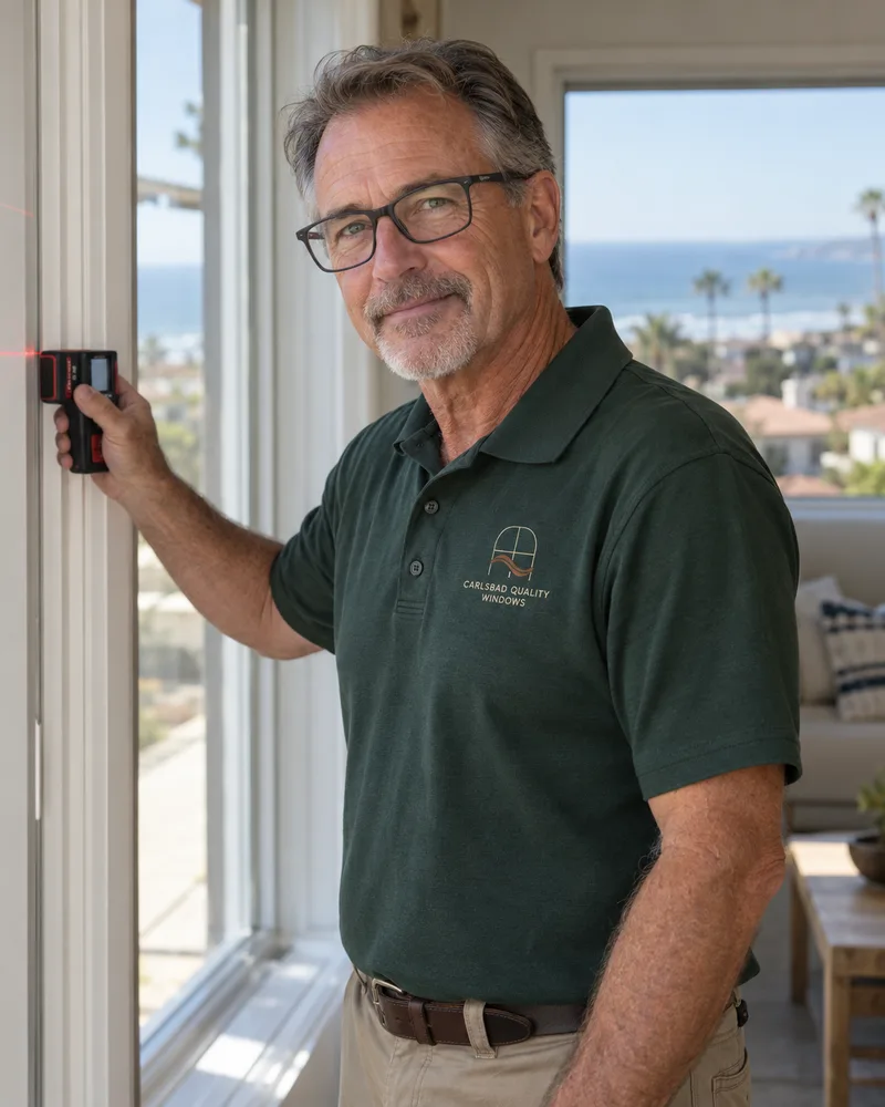 Man with glasses and a grey goatee holding a laser measure against a window frame in a coastal home, in a deep green company polo